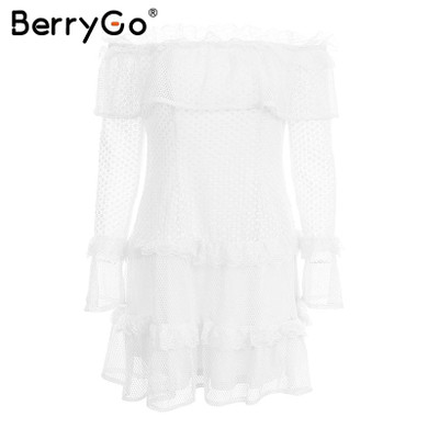 BerryGo Off shoulder ruffle lace dress women Hollow out sexy mini dress party 2018 Summer style backless white dress vestidos