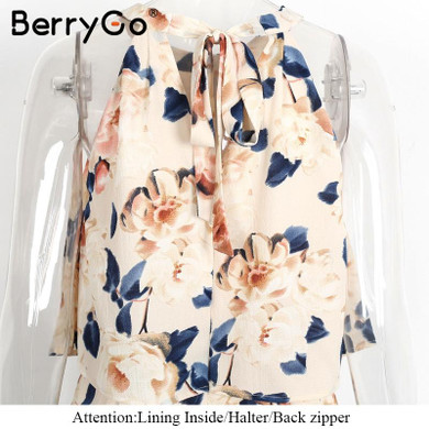 BerryGo Off shoulder halter women jumpsuit romper Sexy ruffle linning floral elegant playsuit Summer beach sleeveless overalls