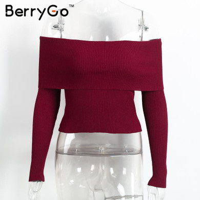 BerryGo Off shoulder elastic winter sweater women Sexy lapel pullover Autumn bodycon pull femme basic jumpers knitwear crop top