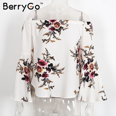 BerryGo Off shoulder chiffon blouse shirt women Sexy summer white print blouse Casual flare sleeve cool blouse