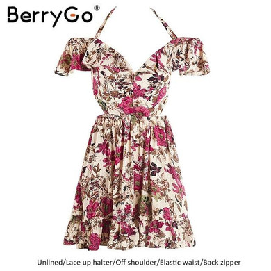 BerryGo Hollow out beach party dresses Halter off shoulder summer dress women Floral print high waist sexy dress vestidos