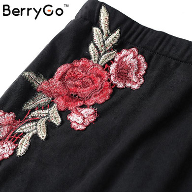BerryGo Flower embroidery pencil skirts women Sexy suede high waist bodycon short skirt Vintage Christmas mini skirt