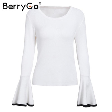 BerryGo Fashion autumn winter sweater women tops Sexy flare sleeve white knitting pullover Casual soft elastic jumper pull femme