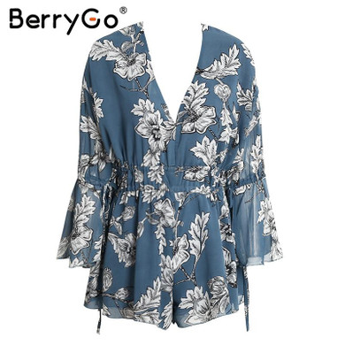 BerryGo Boho print chiffon flare sleeve jumpsuit romper Women sexy deep v neck backless playsuit Summer beach casual overalls