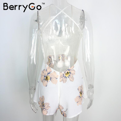 BerryGo Boho floral white lace elegant jumpsuit romper Sexy backless strap summer beach playsuit Women chiffon short overalls