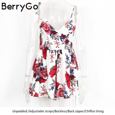 BerryGo Backless sexy bodysuit women jumpsuit romper Summer beach boho floral print overalls White chiffon playsuit leotard