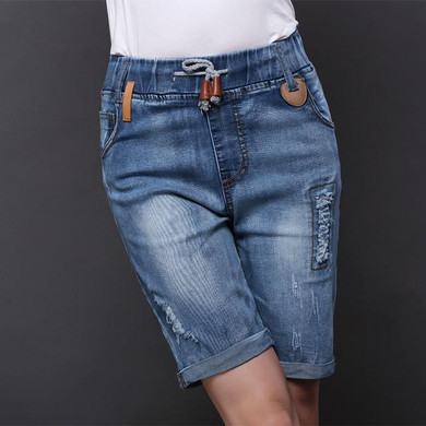 BERMUDA WOMEN Denim Short Plus Size Summer Ripped Straight Femme Capri Folded Bottom Elastic Waist Denim Long Short Jeans Female