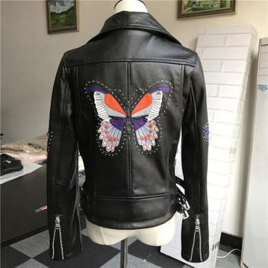 Embroidery Genuine Leather Jacket Women Soft Bomber Sheepskin Leather Coat Motorcycle Female Rivet Sheep Real Leather Jacket