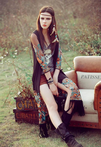 Embroidered Floral Retro Long Kimono Cardigan Ethnic Style Chiffon Blouse Cover Up Quarter Sleeve Tassel Hem Kimono Plus Size
