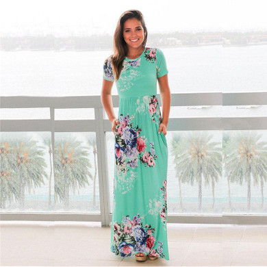 ELSVIOS Women Bohemia Floral Print Long Dress Women Short Sleeve O Neck Beach Boho Long Dress Loose Maxi Dress Vestido Plus Size