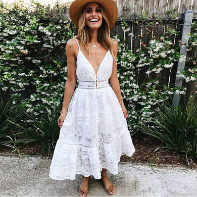 ELSVIOS 2018 Deep V Neck White Lace Sexy Dress Women Summer Backless Spaghetti Strap Elegant Hollow Out Mid-Calf Party Dresses ELSVIOS 2018 Deep V Neck White Lace Sexy Dress Women Summer Backless Spaghetti Strap Elegant Hollow Out Mid-Calf Party Dresses