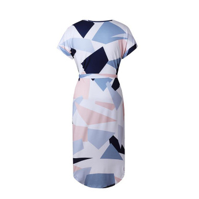 ElSVIOS 2017 New Summer Beach Casual Dress Women Sexy V-Neck Printing Long Section Dress short sleeve Dress with belt Vestidos