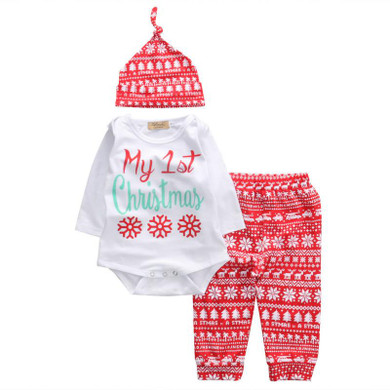 Newborn Baby Boys Girls Tops Romper Pants Hat 3PCS Outfits Set Christmas Clothes
