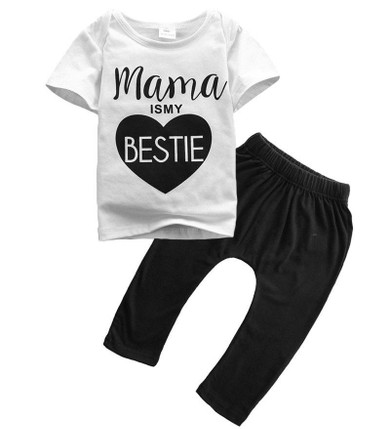 Newborn Baby Boys Girls Mama Bestie Summer outfits Kids Casual Cotton letter T-shirt Tops+Long Pants Outfit Clothes Set 0-24M
