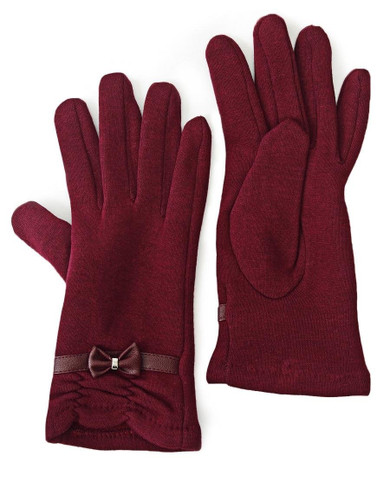 Rouge Detail Gloves With Bow - Burgundy