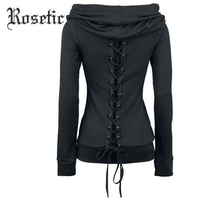 Rosetic Gothic Lace-up Black Full Sleeve Autumn Women Hoodie Fashion Bandage Casual Blouse Hoodies