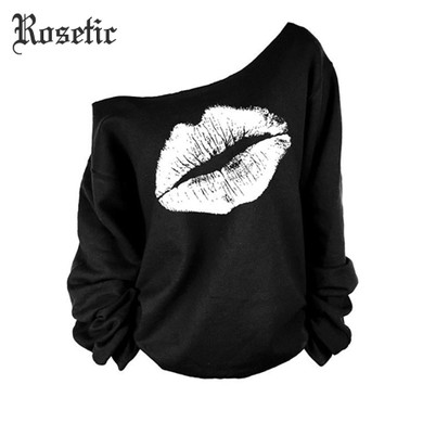 Rosetic Gothic Casual Hoodies Lips Print Black Women Spring Sweatshirts Street Hip-Hop Rock Clothing Tops Harajuku Goth Hoodies