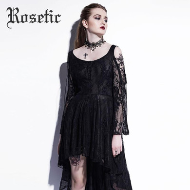 Rosetic Gothic Asymmetrical Dress Black 2017 Lace Hollow Party Prom Summer Dress Women Fashion Female Button Gothic Long Dresses