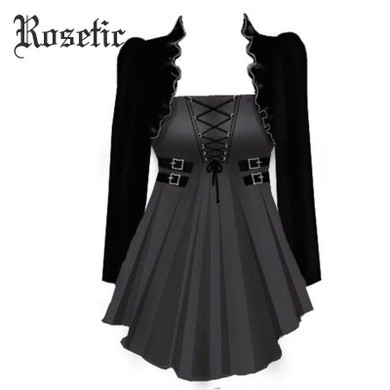 Rosetic Goth Blouse Black Square Collar Tunic Slim Women Shirts Vintage Gothica Corset Laced Tops Retro Medieval Gothic Blouses
