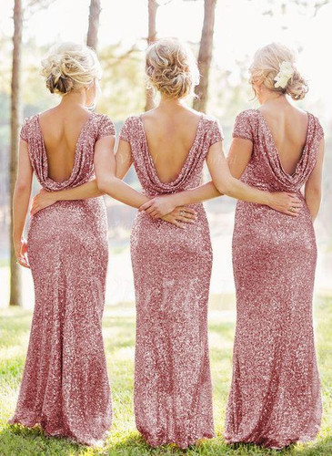 Rose Gold Sequin Mermaid Bridesmaid Dresses Long 2017 Short Sleeves Backless Wedding Party Dresses Cheap Formal Dresses