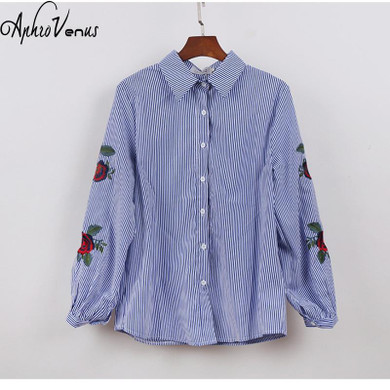 Rose Floral Embroidery Striped Blouse Women Long Sleeve Shirt Casual Cotton Blusa Plus Size kimono Tops Office Lady Blusas 2017