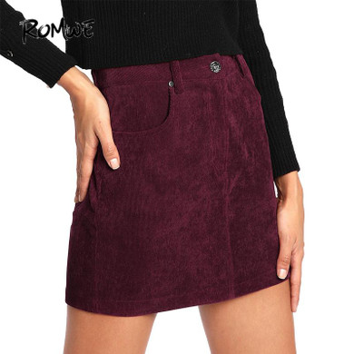 ROMWE Zip Fly Cord Skirt Maroon Cute Straight Women Casual Dual Pocket Spring Skirts 2018 Fashion Brief Mid Waist Skirt