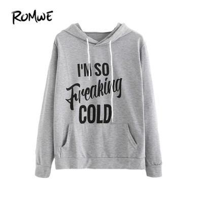 ROMWE Slogan Print Grey Hoodies Letter Print Women Graphic Brief Hoodie Pocket Sweatshirt 2018 Autumn New Long Sleeve Hoodies