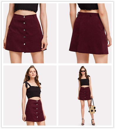 ROMWE Single Breasted Dual Pocket Skirt 2018 Spring Plain Burgundy A-Line Mini Skirt Women Mid Waist Button Casual Skirt