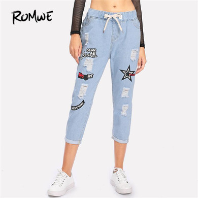 ROMWE Ripped Cuffed Jeans Women Blue Offset Printing Drawstring Mid Waist Denim Pants Fashion Casual Pockets Cropped Jeans