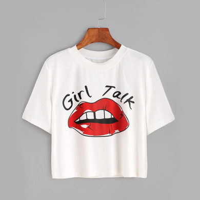 ROMWE Red Lip Print Funny Crop T-Shirt White Tee Women Letter Casual Summer Tops 2018 New Brief Short Sleeve Stretchable T-Shirt