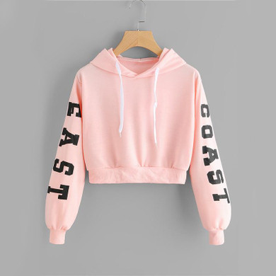 ROMWE Pink Cropped Hoodies Drawstring Kawaii Women Letters Print Long Sleeve Hooded Sweatshirt 2017 Autumn Graphic Sweet Hoodies