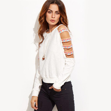 ROMWE Hollow Out Sleeve Embroidered Sweatshirt Long Sleeve Autumn Pullover 2018 Cold Shoulder Round Neck Sweatshirt
