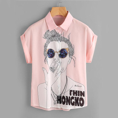 ROMWE Girl Print Chiffon Shirt Cute Button Up Cuffed Blouse Women Pink Summer Tops 2017 Fashion Casual Cap Sleeve Lapel Blouse