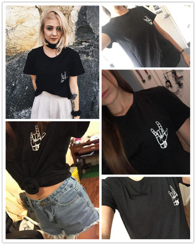 ROMWE Gesture Print Tee Summer Black Graphic Ladies Short Sleeve Casual Top 2018 Round Neck Pattern Regular Fit T Shirt