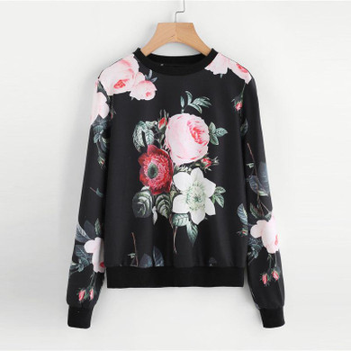 ROMWE Flower Print Pullover 2018 Spring New Fashion Multicolor Casual Women Clothing Long Sleeve Round Neck Sweatshirts