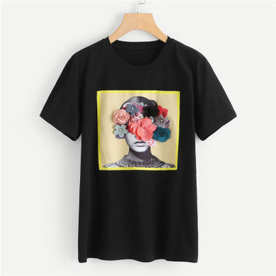ROMWE Flower Applique Graphic Tee Shirt 2018 New Arrival Summer Round Neck Woman Top Black Short Sleeve Floral Stretchy T-Shirt