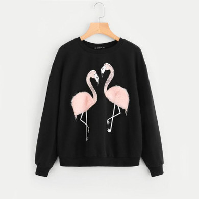 ROMWE Female Faux Fur Flamingo Sweatshirt Autumn Long Sleeve Pullover 2017 Woman Black Round Neck Casual Sweatshirt