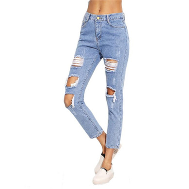 ROMWE Distressed Ankle Jeans 2018 Spring Blue Patch Ripped Denim Cropped Pants Women Mid Waist Sexy Casual Pencil Jeans