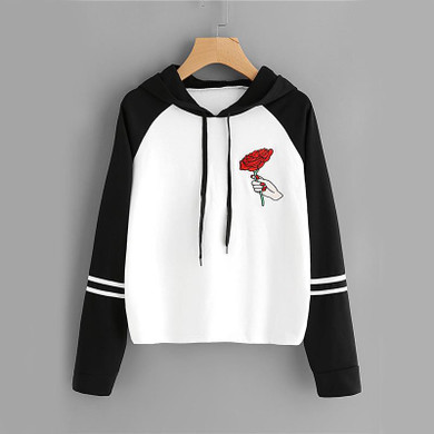ROMWE Contrast Striped Sleeve Hoodies Women Rose Print Hoodie Patchwork Sweatshirt 2017 Autumn New Graphic Long Sleeve Hoodies