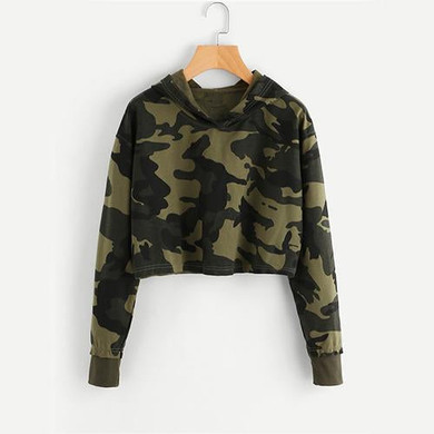 ROMWE Camo Print Crop Hoodie Green Long Sleeve Sexy Casual Women Hooded Sweatshirt Fall 2018 New Fashion Short Brief Hoodies