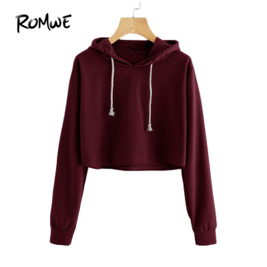 ROMWE Burgundy Casual Bts Hoodies Women Drawstring Autumn Hooded Crop Sweatshirt 2017 Spring Fashion Brief Plain Basic Hoodies