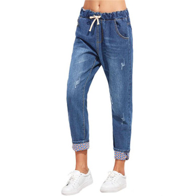 ROMWE Blue Drawstring Waist Cuffed Jeans 2018 Spring Casual Pockets Mid Waist Denim Pants Women Fashion Loose Plain Jeans