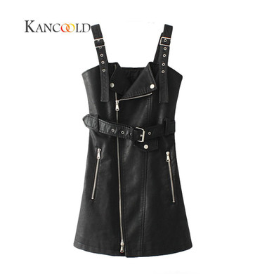 KANCOOLD 2017 Fashion PU leather dress women V neck mini sexy dress Sash zipper winter black short dress sundress vestido Sep26