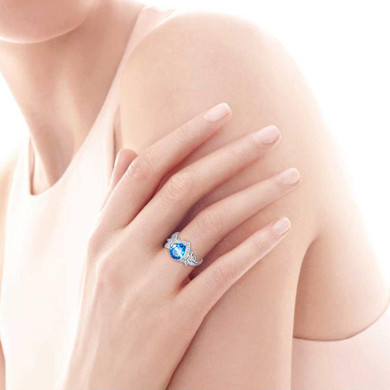 JQUEEN wedding engagement jewelry 925 sterling silver blue topaz ring butterfly decoration 3.85 Carat pear cut water drop shape