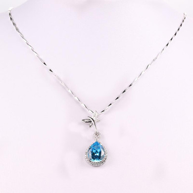 JQUEEN Natural Blue Topaz 925 Sterling Silver Water Drop Pendant Necklace 6.75Ct Pear Cut Jewelry Accessories 17.7 Inches