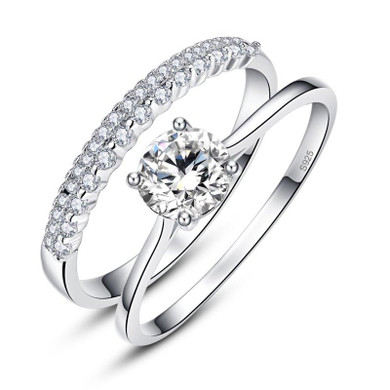 JQUEEN 0.9 Carat Round Cut Ring Set Solid 925 Sterling Silver Bague 2pcs Engagement Wedding Bridal Ring Set Jewelry With Box