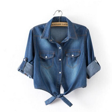New 2018 Summer Women Casual Cropped sleeves Shirt Female Denim Shirts women's Fashion Short Blouse Hot Sale Girls Slim Top