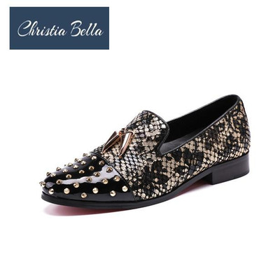 Christia Bella Genuine Leather Men Flats Casual Shoes Punk Style Rivter Loafers Shoes with Metal Shark Tooth Boat Shoes Sapatos