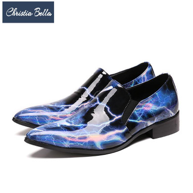 Christia Bella Designer Print Wedding Prom Formal Men Dress Shoes Plus Size Pointed Toe Leather Business Shoes Men Flats Slip On