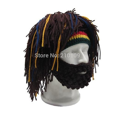 Mr.Kooky Wig Beard Hat Rasta Beanie Caveman Bandana Handmade Crocheted Gorro Winter Men's Halloween Costume Funny Birthday Gifts